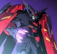 an animated image of a giant robot standing in front of a purple background