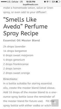 Vanilla Essential Oil Perfume Recipes, Essential Oil Perfume Recipes Spray, Aveda Essential Oil Recipe, Essential Oil Body Spray Recipes Homemade Perfume, Aveda Essential Oil Blend, Aveda Diffuser Blend, Essential Oil Spray