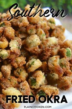 fried okra on a white plate with the words southern fried okra