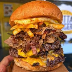 a close up of a hamburger with fries