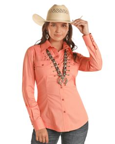 Western Shirt - Panhandle Women's Melon Solid Long Sleeve Snap Up Western Shirt PWN2S03154-MEL Western Store, Cowgirl Western, Western Hats, Western Shirt, Shirt Long Sleeve, Shirt For Women, Western Shirts, Poplin Fabric, Melon