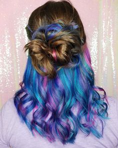 Mermaid Hair Underneath, Asian Hair Wavy, Peak A Boo Rainbow Hair Color, Rainbow Peekaboo Hair Dark Brown, Vivid Lowlights, Mermaid Hair Color Peekaboo Brunette, Pink Purple And Blue Hair Underneath, Dark Hair With Rainbow Peekaboo