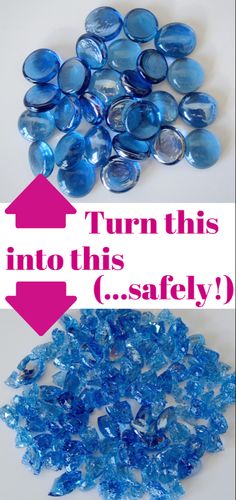 blue glass beads with the words turn this into this safety button on it and an arrow pointing