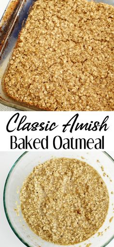 an image of baked oatmeal in a glass baking dish with the words classic danish baked oatmeal