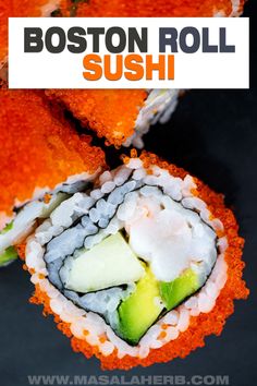 some sushi is cut in half and ready to be eaten with the title boston roll sushi