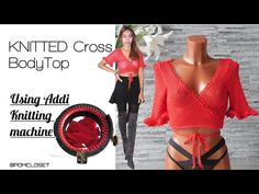 a mannequin wearing a red top and black pants with the words knitted cross body top