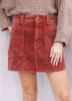 This corduroy skirt has front pockets and belt loops. Madeline is wearing a small. THIS ITEM IS A FINAL SALE. Corduroy Skirt Outfit, Corduroy Skirt, Stylish Dresses, Skirt Outfits, Design Studio, Boutique, Dresses, How To Wear