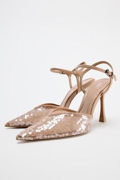 HIGH HEELS WITH SEQUINS - Beige | ZARA United States Blazers Shoes, Bridal Party Outfit, Shoes Heels Classy, Zara Heels, Waistcoat Dress, Dressy Shoes, Heels Classy, Slingback Heels, Slingback Shoes