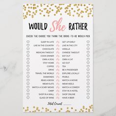 a white and gold wedding game with words that says would she rather be married?