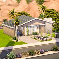 an artist's rendering of a house with palm trees in the front yard and mountains in the background