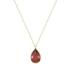 "This a pear-shaped 14k gold ruby pendant necklace sits on a dainty cable chain that lays below the collarbone. Subtle and simple, this beautiful precious stone necklace is perfect by itself or for layering with other necklaces. Dainty and minimal ruby necklace is the birthstone for July. The length of the necklace can be adjusted to either 14\" or 18\" to suit individual preference. Bracelet Features ✅ Gold Kt: 14K ✅ Weight: 1.00 gr (approximate) ✅ Pendant Width: 6 mm ✅ Pendant Height: 10 mm ✅ Classic Faceted Gemstones As Gifts, Classic Faceted Gemstones For Gift, Formal Teardrop Pendant Necklace With Faceted Detail, Formal Teardrop Pendant Jewelry With Faceted Details, Faceted Teardrop Pendant Necklace For Formal Occasions, Formal Faceted Teardrop Pendant Necklace, Formal Faceted Teardrop Pendant Jewelry, Faceted Teardrop Pendant Jewelry For Gift, Formal Teardrop Faceted Necklace