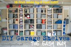 the garage shelving is organized with many different containers and bins on it's sides