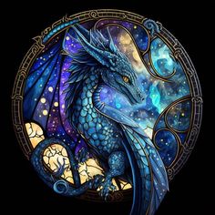 a blue dragon sitting on top of a window sill in front of a night sky