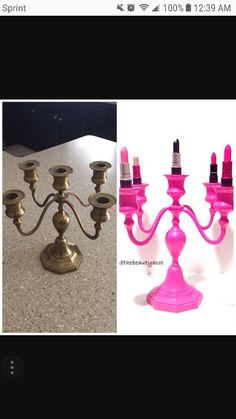 a pink candelabra with lipstick on it next to an image of a gold candelabra