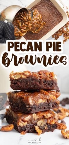 pecan pie brownies stacked on top of each other with the words pecan pie brownies above them