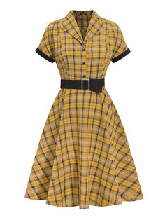 Mustard 1950s Plaid Belt Swing Dress – Retro Stage - Chic Vintage Dresses and Accessories Fitted Knee-length Retro Plaid Dress, Fitted Retro Knee-length Plaid Dress, Retro Fitted Knee-length Plaid Dress, Fitted Retro Plaid Dress For Fall, Retro Plaid Dresses For Vintage Fashion, Retro Plaid Dress For Work, Fitted Retro Plaid Vintage Dress, Fitted Plaid Retro Vintage Dress, Retro Plaid Fitted Vintage Dress