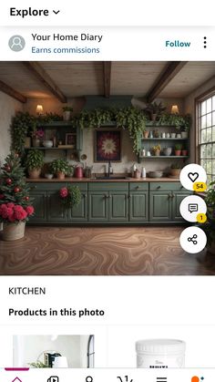 an image of a kitchen with green cabinets and plants on the counter top, and below it