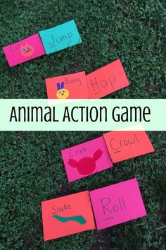 an animal action game is shown on the grass with post it notes attached to them