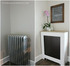 two pictures of a radiator, one with a chalkboard on the wall