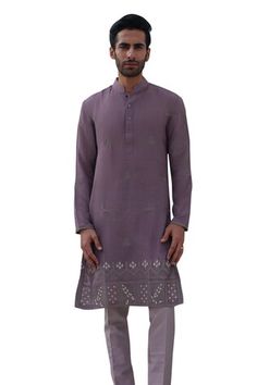 Purple full sleeves kurta with Mughal bahar thread and beaded embroidery. Paired with a grey trouser. - Aza Fashions Ceremonial Churidar With Chikankari Embroidery And Long Sleeves, Embroidered Purple Cotton Kurta, Mauve Kurta Men, Fitted Embroidered Purple Kurta, Light Purple Kurta Men, Muslin Embroidery, Semi-stitched Purple Kurta With Intricate Embroidery, Trouser Men, Trouser For Men