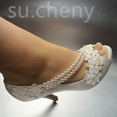 su.cheny -8/10 cm heel Pearl white ivory silk lace open toe Wedding Bridal shoes | eBay Open Toe Wedding Shoes, Foot Jewelry Wedding, Making A Wedding Dress, Shoes Bride