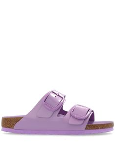 purple calf leather polished finish double-strap design buckle fastening round open toe moulded footbed rubber outsole flat sole slip-on style Chanel 2, Iconic Bags, Birkenstock Arizona, Summer Beach Wear, Strap Design, Flat Boots, Ballet Flat Shoes, Pump Sandals, Ski Wear