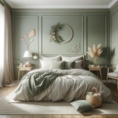 a bedroom with green walls and wooden floors