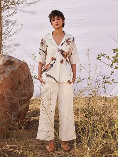 Chidiya Co-ord Set SETS KHARA KAPAS White Collared Sets For Spring, Spring White Collared Sets, White Relaxed Fit Collared Set, White Printed Sets For Daywear, Off White Floral Print Sets For Summer, White Floral Print Workwear Sets, White Printed Sets For Day Out, Off-white Floral Print Sets For Summer, White Floral Print Pant Set For Summer