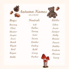 an autumn name list with a teddy bear and mushrooms