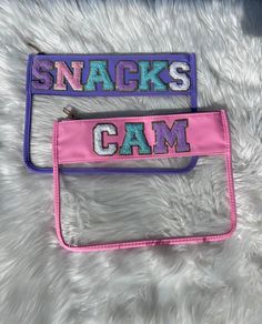 This personalized Preppy Pouch is a great gift to hold your essentials during a bachelorette weekend. Fill it with whatever fun stuff you need and take it wherever your going, around town or on a special weekend getaway. This zipper clear pouch with Chenille patches is a fun way to hold your essentials while traveling in your tote bag or travel bag. Some fun ideas to put on the top with our patches are: TRAVEL, FACE, SNACKS, MONOGRAM, or NICKNAMES. Many reasons to buy a tote bag! -Makes a great Fun Pink Bag With Zipper Pouch, Playful Rectangular Bags With Zipper Pouch, Playful Rectangular Pouch For Personal Use, Fun School Bags With Zipper Pouch, Playful Rectangular Cosmetic Bag For Personal Use, Trendy Everyday Bag With Letter Patch, Trendy Purple Rectangular Cosmetic Bag, Customizable Everyday Rectangular Cosmetic Bag, Customizable Rectangular Cosmetic Bag