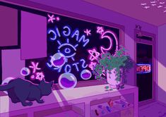 a purple room with a black cat on the window sill and a neon sign that says magic store