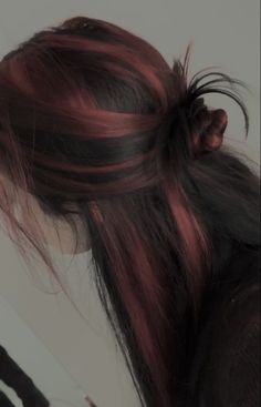 Long Dyed Hair Aesthetic, Scarletcore Aesthetic, Red Highlights In Brown Hair Wavy, Black Hair With Colored Extensions, Curls Dyed Hair, Dark Red Skunk Stripe Hair, Black With Red Underneath Hair, Red Hair Grunge Aesthetic, Hair With Colored Highlights