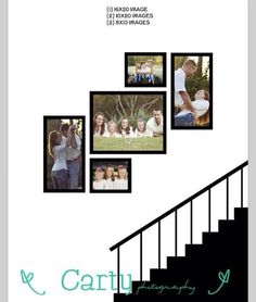 a staircase with pictures hanging on it and the words cartu family written in green