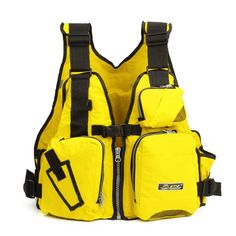 a yellow life jacket with black straps and zippers on the front, sitting against a white background