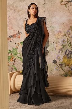 Black chiffon and organza pre-draped ruffle saree with lace, seqiuns and floral embroidery. Comes with a net padded blouse. - Aza Fashions Black Lace Saree, Sarees Black, Saree Chiffon, Ridhi Mehra, Ruffle Sarees, Simple Saree Designs, Lace Saree, Ruffle Saree, Sari Blouse Designs