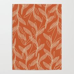 an orange and white pattern with leaves on it