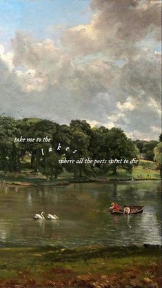 a painting of people in a boat on a lake with trees and clouds behind them