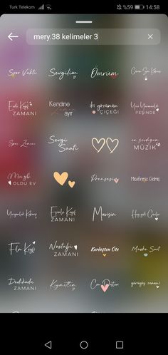 an iphone screen with different types of hearts and words on the phone's display