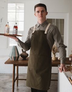 Striped Apron, Solid Texture, Denim Apron, Waist Apron, Big Pocket, Bib Apron, Chef Apron