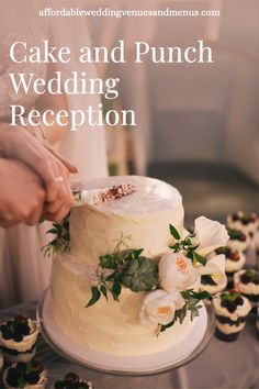 bride and groom cutting into a white wedding cake Champagne And Cake Reception, Wedding Cake On A Budget, Small Wedding Reception Food Ideas, Dessert Only Wedding Reception