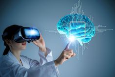 a woman in white shirt holding up a virtual device with a blue brain on it