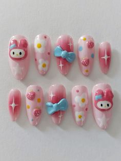 Mymelody Nails, Sanrio Nails Acrylic, My Melody Nail Art, Sanrio Nail Art, Nails Sanrio, My Melody Cute, Anime Nails