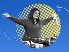 a woman standing in front of pots and pans with her arms spread out to the side