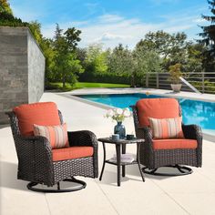 two chairs sitting next to each other on a patio with a pool in the background