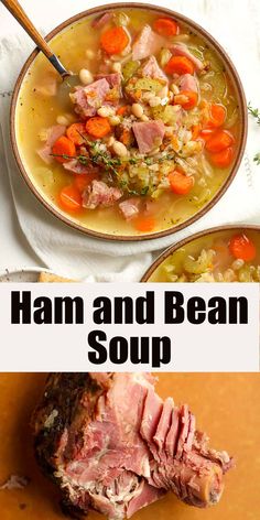 ham and bean soup in a bowl with a spoon