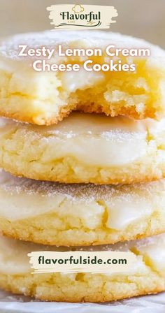 three lemon cream cheese cookies stacked on top of each other with the words, zesty lemon cream cheese cookies