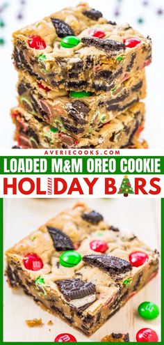 Looking for more Christmas desserts? Whip up these holiday bars! They're easy to make in just one bowl. Loaded with M&M’s and crushed Oreo, these soft, buttery cookie bars are so delicious in every bite. Save this holiday baking recipe! Thanks Giving Desserts Thanksgiving, Holiday Bars, Oreo Cookie Bar, Oreo Bars, Cookie Holiday, Vegetarian Cookies, Favorite Christmas Recipes, Best Christmas Desserts