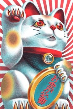 a painting of a white cat holding a gold medal in front of a red and white background