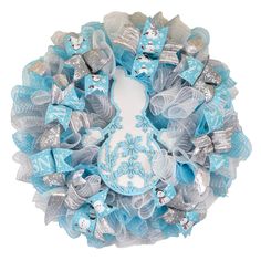 a blue and white wreath with silver bows