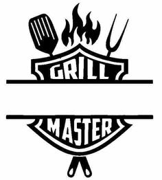 the grill master logo is black and white with flames behind it, while an image of two